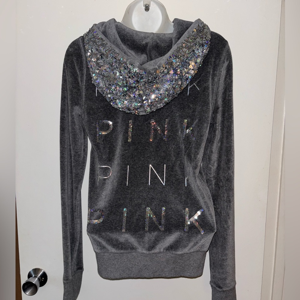 Victoria’s Secret PINK RARE Velour Sequins Bling Hoodie Sweatshirt XS - NWTS
